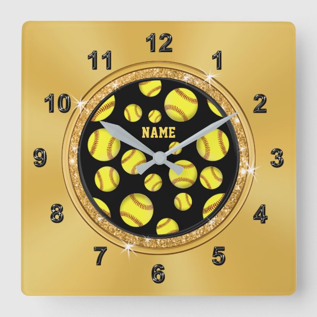 Black and Gold Softball Wall Decor Personalized Square Wall Clock (Front)