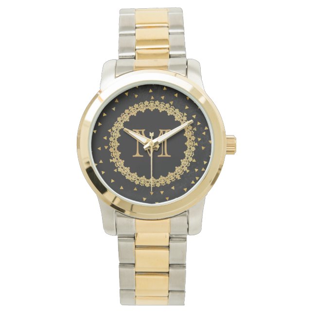 Black and Gold Sparkle Monogram Watch (Front)