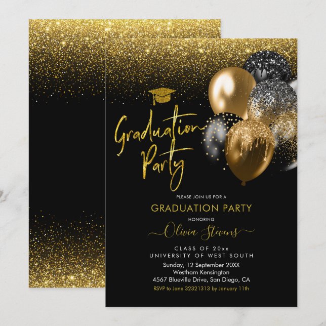 Black and Gold Sparkling Graduation Party Invitation (Front/Back)