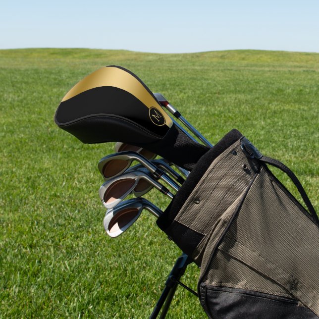 Black and gold split-screen geometric design golf head cover (In Situ)