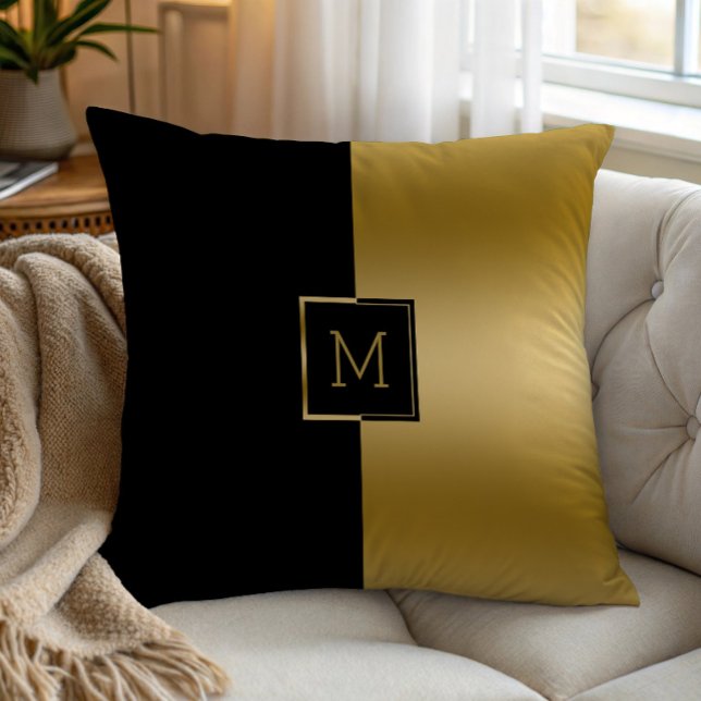 Black and gold split-screen geometric design throw pillow (Creator Uploaded)