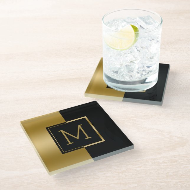 Black and gold split-screen glass coaster (Angled)