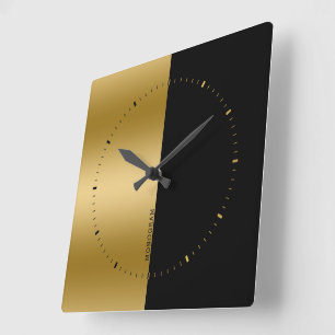 Black and gold split-screen monogram square wall clock