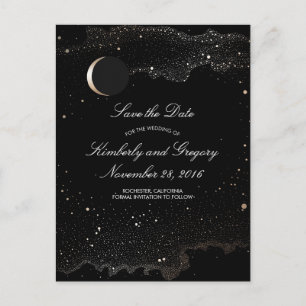 Black and Gold Starry Night Moon Save the Date Announcement Postcard