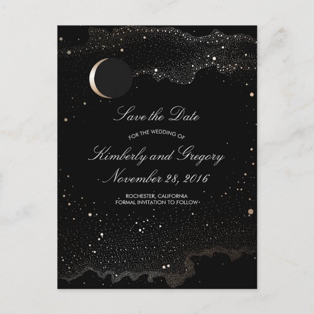 Black and Gold Starry Night Moon Save the Date Announcement Postcard (Front)