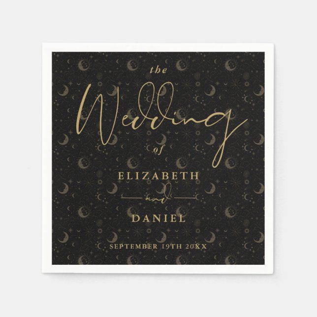 Black And Gold Stars And Mood Celestial Wedding Napkin (Front)