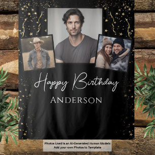 Black and Gold Stars Birthday Photo Backdrop Tapestry