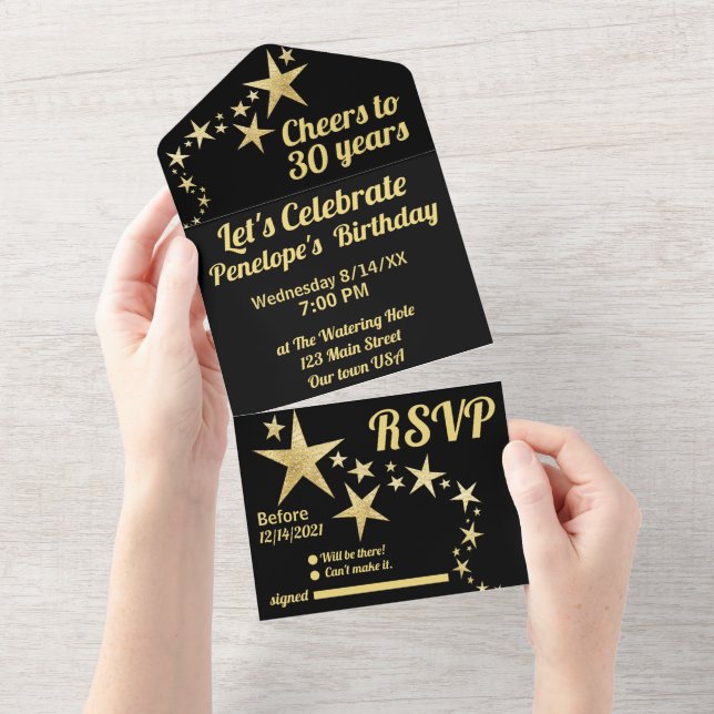 Black and Gold Stars Cheers to 30 Years Birthday  All In One Invitation (Tearaway)
