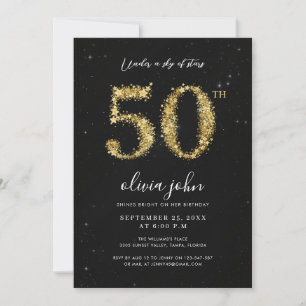 Black and Gold Stars Glitter 50th Birthday Party Invitation