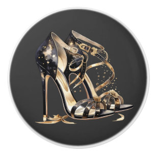 Black and Gold Strappy Stilletto Shoes Ceramic Knob
