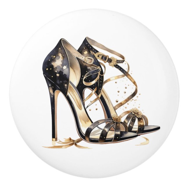 Black and Gold Strappy Stilletto Shoes Ceramic Knob (Front)