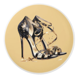Black and Gold Strappy Stilletto Shoes Ceramic Knob