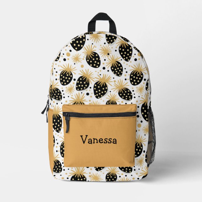 Black and Gold Strawberry Pattern With Name Printed Backpack (Front)
