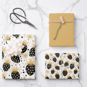 Black and Gold Strawberry Pattern Wrapping Paper Sheet