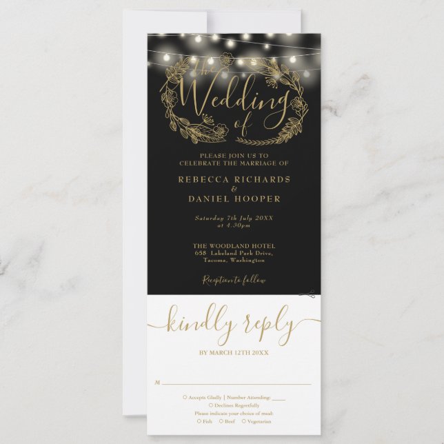 Black And Gold String Lights All In One Wedding Invitation (Front)