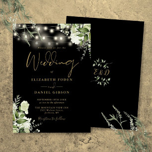 Black And Gold String Lights Floral Wedding Invitation
