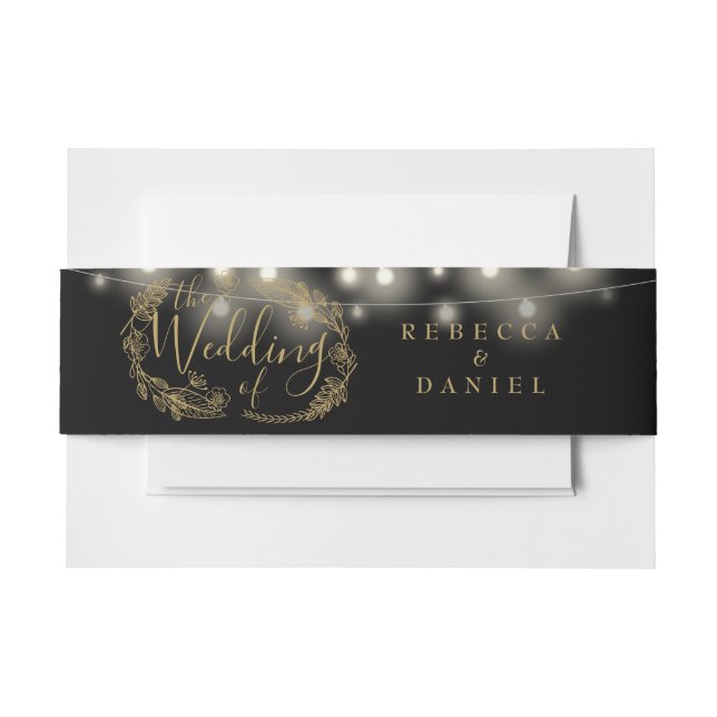 Black And Gold String Lights Floral Wedding Invitation Belly Band (Front Example)