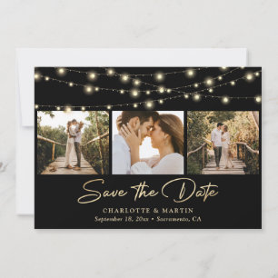 Black and Gold String Lights Photo Collage Wedding Save The Date