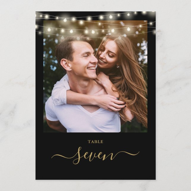 Black And Gold String Lights Photo Table Number (Front)