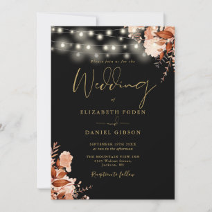 Black And Gold String Lights QR Code Fall Wedding Invitation