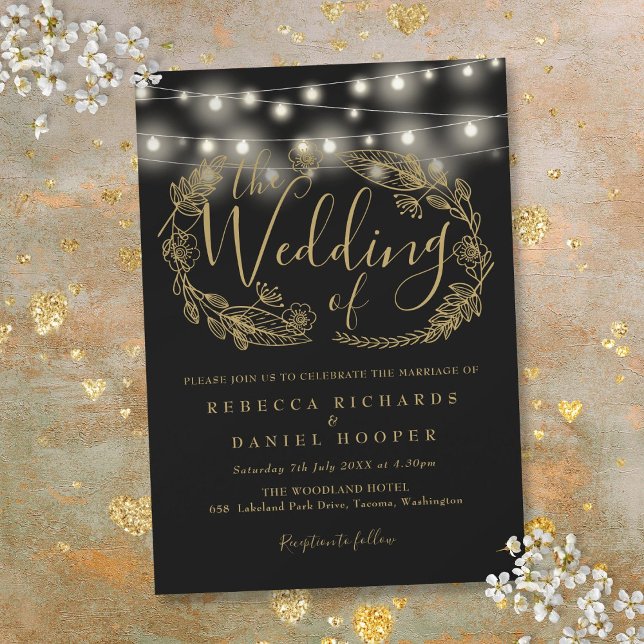 Black And Gold String Lights Script Wedding Invitation (Black And Gold String Lights Script Wedding Invitation)