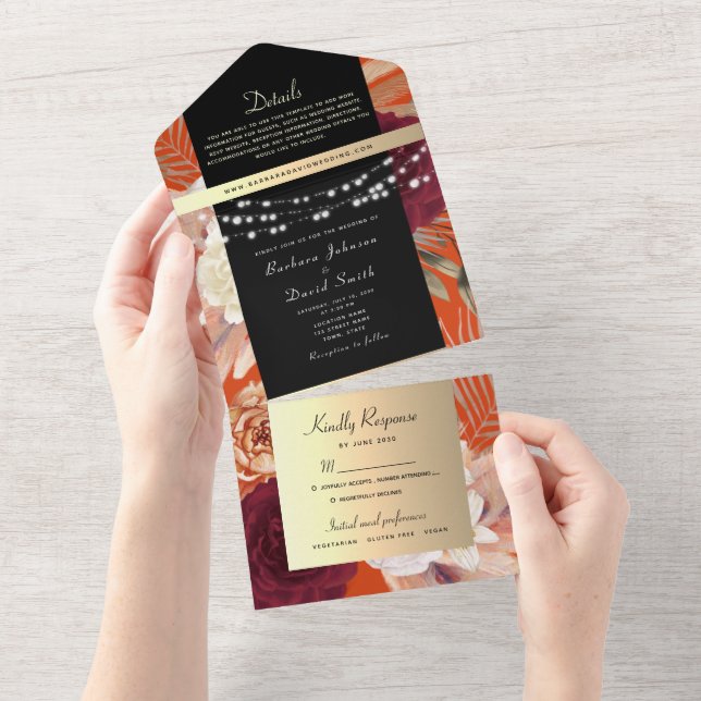 Black and Gold String Lights Wedding All In One Invitation (Tearaway)
