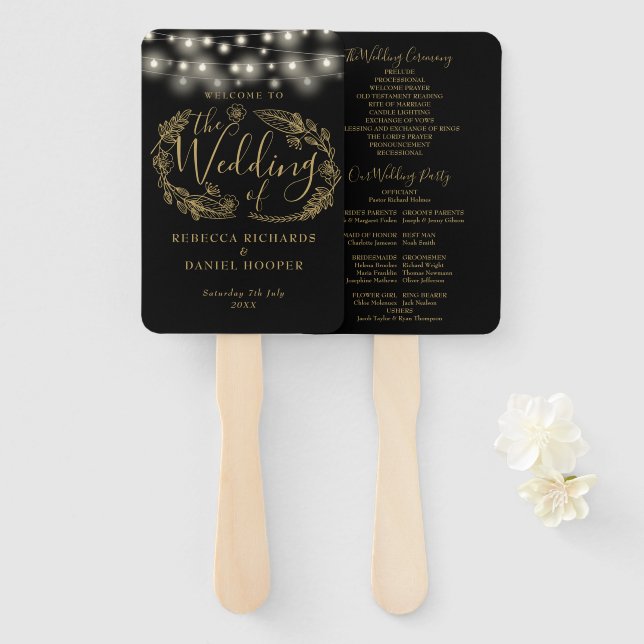 Black And Gold String Lights Wedding Program Hand Fan (Front and Back)