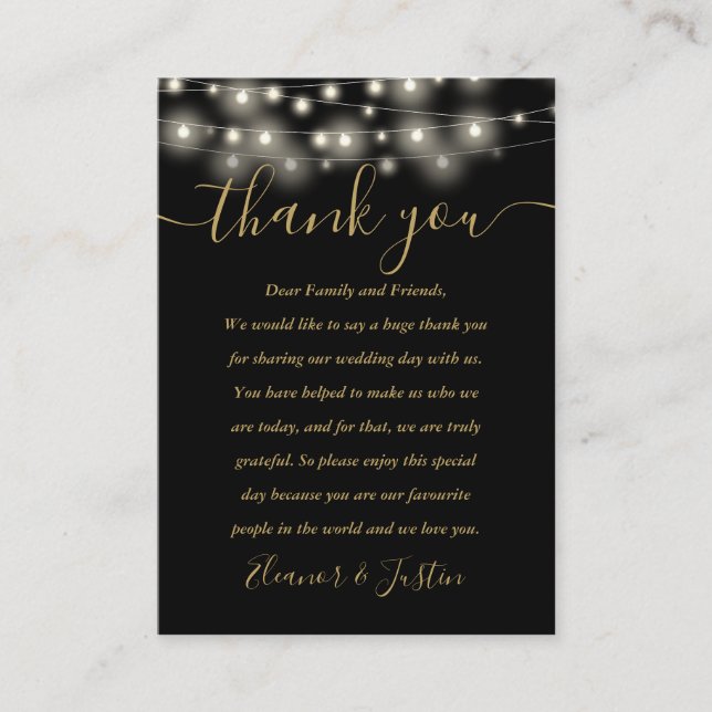 Black And Gold String Lights Wedding Thank You Place Card (Front)