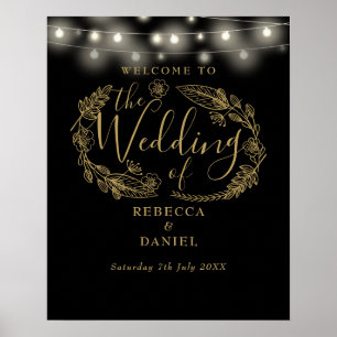 Black And Gold String Lights Wedding Welcome Sign