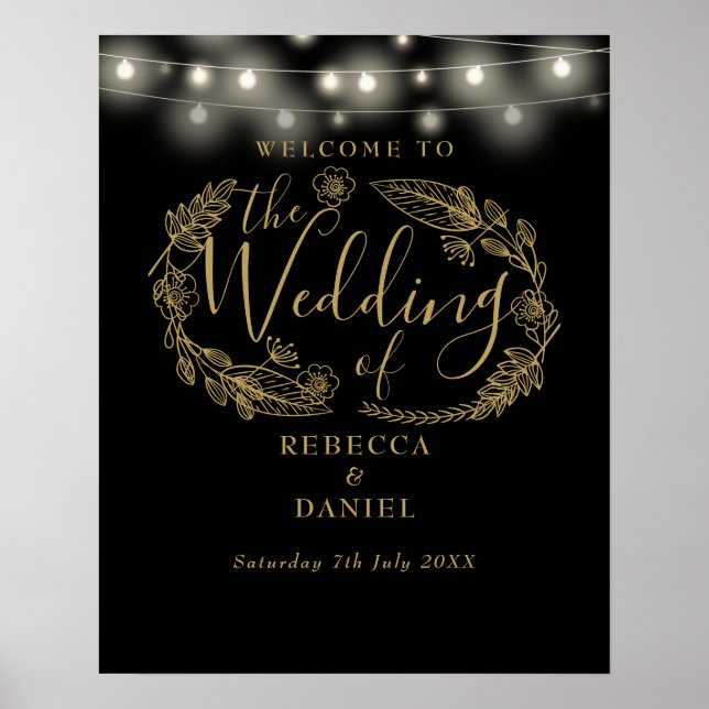 Black And Gold String Lights Wedding Welcome Sign (Front)
