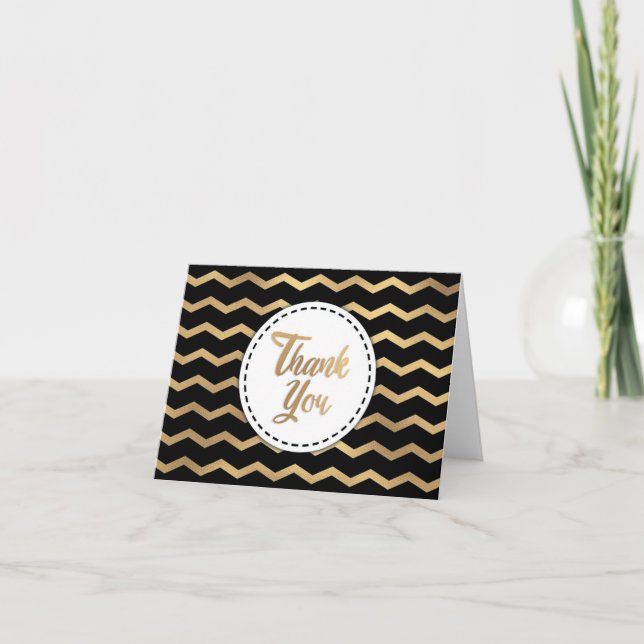 Black and Gold Stripe Chevron Thank You Card (Front)