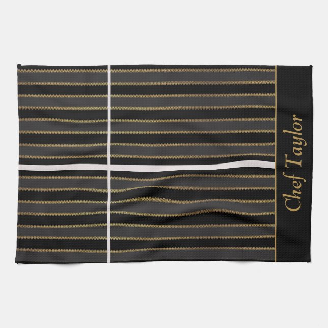 Black and Gold Stripe Personalized Kitchen Towel (Horizontal)
