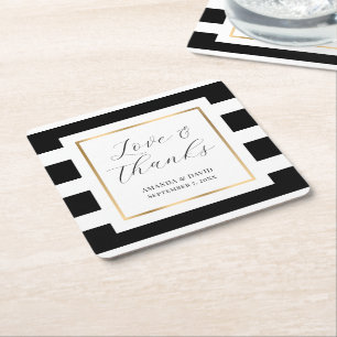 Black and Gold Striped Wedding Paper Coaster