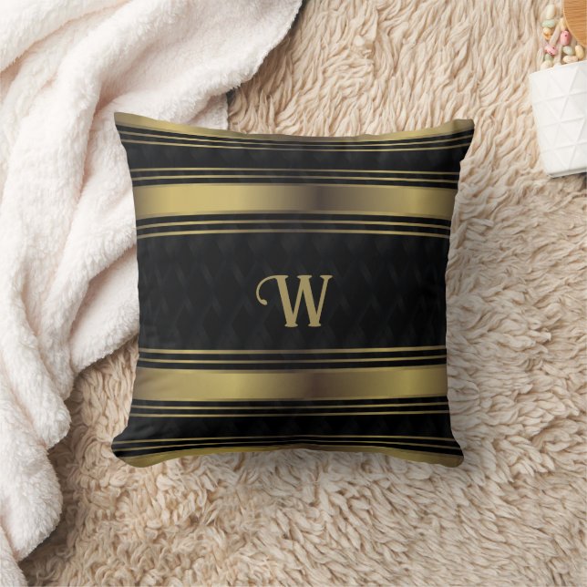Black And Gold Stripes Geometric Monogram Throw Pillow (Blanket)