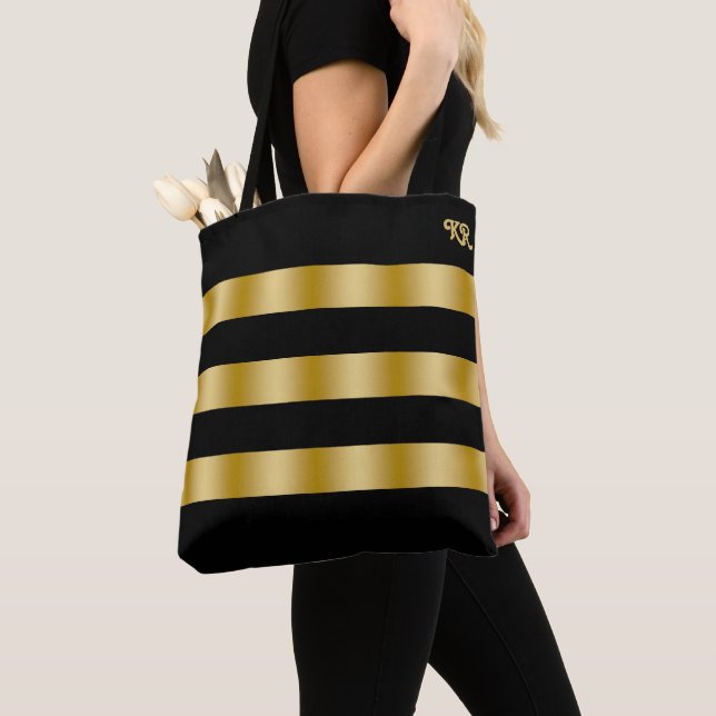 Black and gold Stripes Monogram Tote Bag (Close Up)