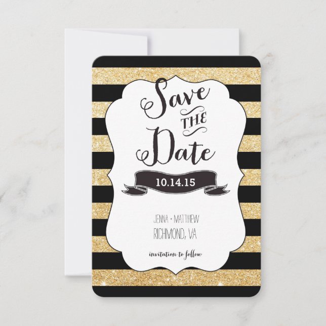 Black and Gold Stripes Save the Date (Front)