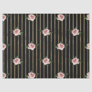 Black and Gold Stripes with Pink Roses Decoupage Tissue Paper