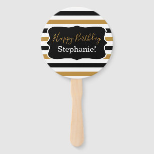 Black and Gold Stripes with White Birthday Party Hand Fan