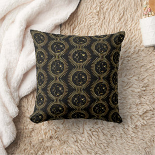 Black and Gold Sun & Moon Faces Throw Pillow
