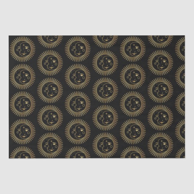 Black and Gold Sun & Moon Faces Tissue Paper (Front)