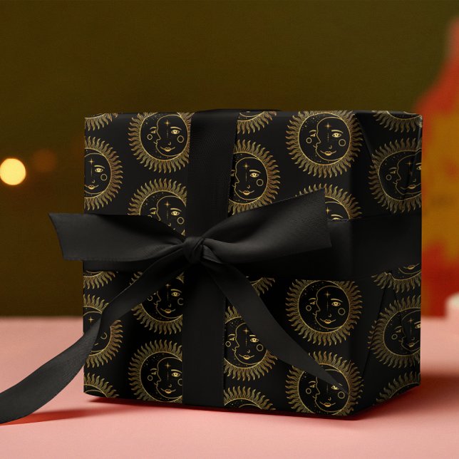 Black and Gold Sun & Moon Faces Wrapping Paper (Creator Uploaded)