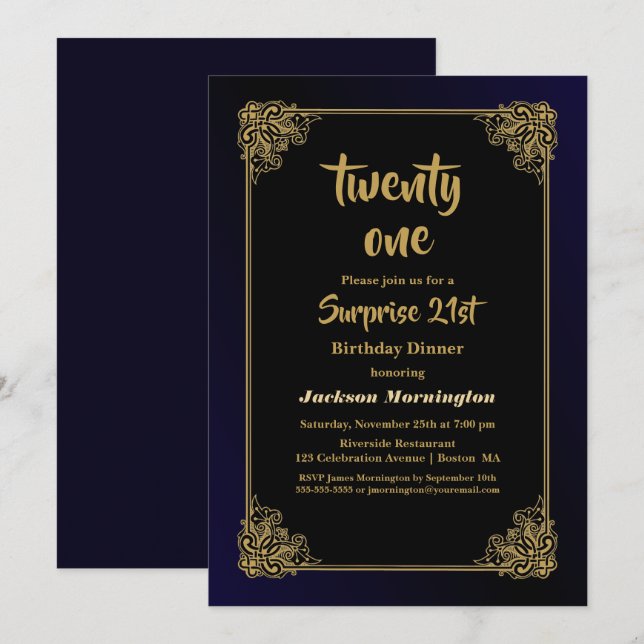 Black and Gold Surprise 21st Birthday Dinner Invitation (Front/Back)