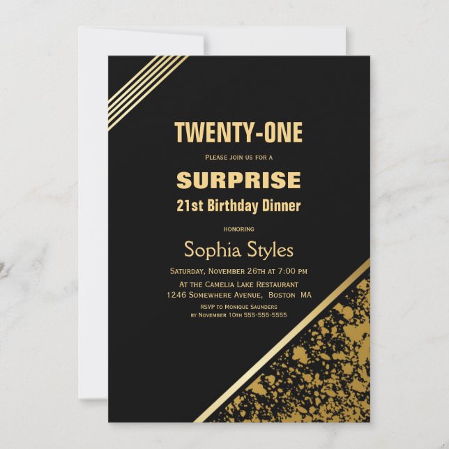 Black and Gold Surprise 21st Birthday Dinner Invitation (Front)