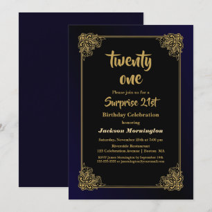 Black and Gold Surprise 21st Birthday Party Invitation