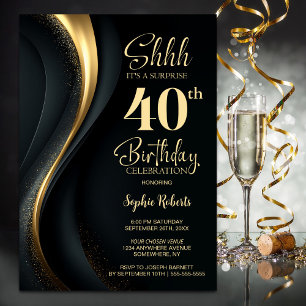 Black and Gold Surprise 40th Birthday Party Invitation