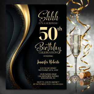 Black and Gold Surprise 50th Birthday Party Invitation