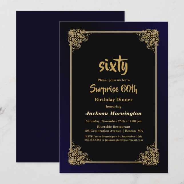Black and Gold Surprise 60th Birthday Dinner Invitation (Front/Back)