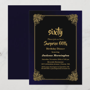 Black and Gold Surprise 60th Birthday Dinner Invitation