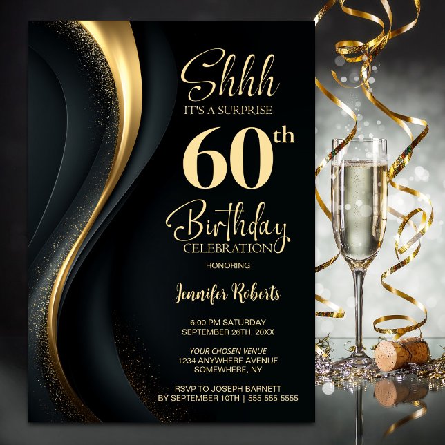 Black and Gold Surprise 60th Birthday Party Invitation (Creator Uploaded)