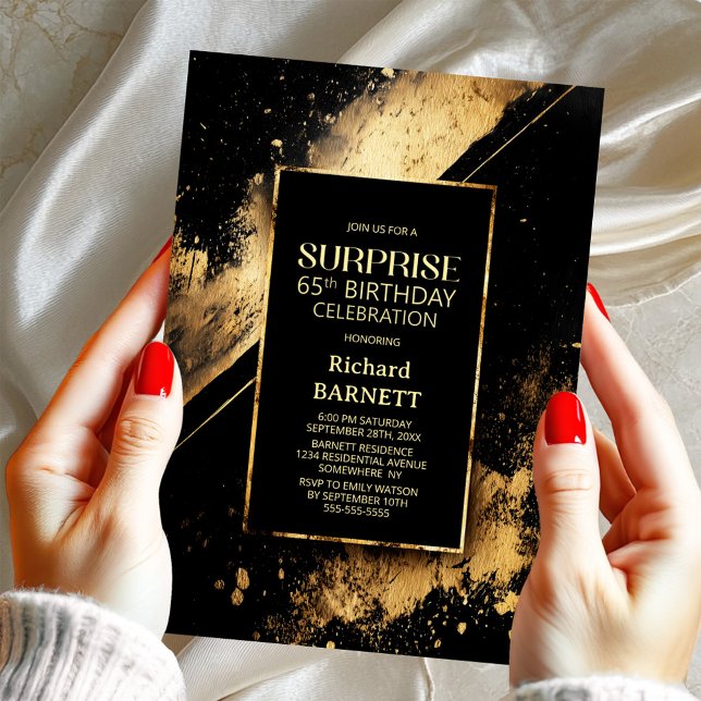Black and Gold Surprise 65th Birthday Party Invitation (Creator Uploaded)